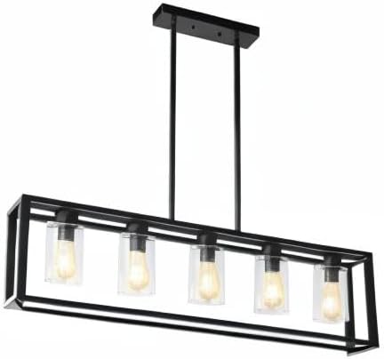 Farmhouse Dining Room Light Fixture Kitchen Island Pendant Lighting Rectangle Black Dining Room Lighting Fixture Modern Pendant Contemporary Chandeliers with Glass Shade Adjustable