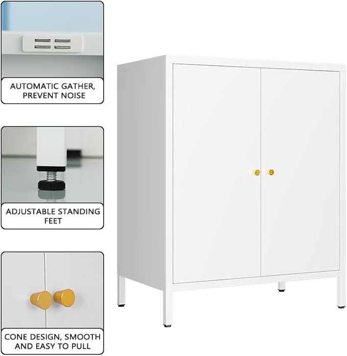 White Metal Storage Cabinet, 2 Door Locker Cabinets with Adjustable Shelves, Side Table Storage with Doors,Bathroom Furniture for Small Spaces,Home,Office,Kitchen,Dining Room
