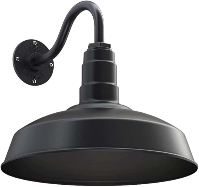 Steel Lighting Co. Gardena Barn Light | Outdoor Wall Mounted | 16" Dome | 11" Gooseneck | Farmhouse Light Made in America | Matte Black Exterior/Matte Black Interior