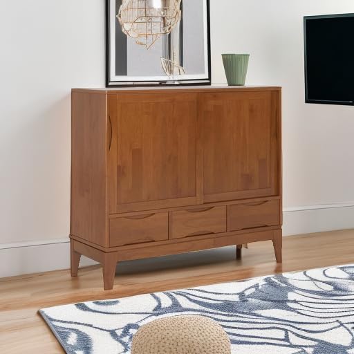 SIMPLIHOME Harper Medium Storage Cabinet - 48 inch Wide Solid Hardwood Sliding Door Cabinet in Teak Brown, Mid-Century Modern Cupboard for Living Room or Entryway with 3 Drawers and Tapered Legs