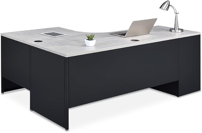 nbf signature series Carbon L Shaped Desk with 2-Drawer Pedestal and Right Return 72" Wx48 D Ergonomic Office Desk for Working PC and Corner Desk Use in Planed Teak