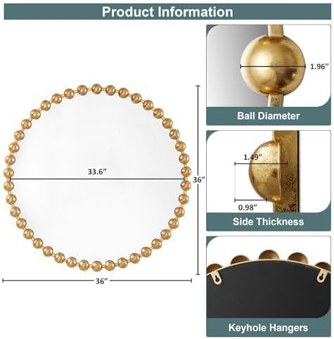 Madison Park Round Mirror, Metal Frame Circle Mirror 36 inch, Wall Art Decor Mounted Hanging for Entryway, Bathroom, hallway, Living Room, Vanity, Marlowe, Gold
