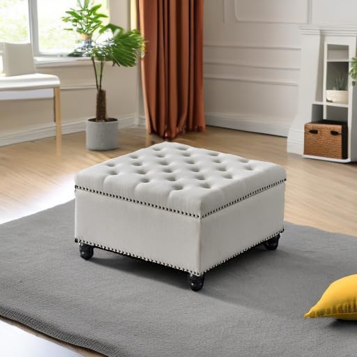Ottoman with Storage, Large Storage Ottoman, 30 in Square Ottoman Coffee Table,Tufted Upholstered Coffee Tables for Living Room, Beige