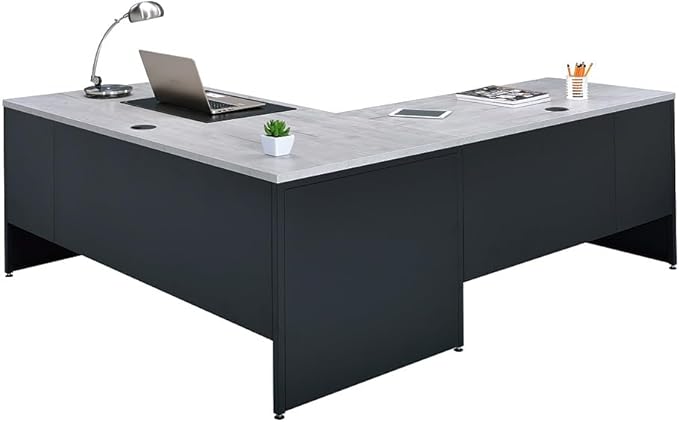nbf signature series Modern L-Shaped Reversible Executive Office Desk - Black, Oak - 66" W x 78" D - Computer Desk with 4 Lockable Drawers - Home Office