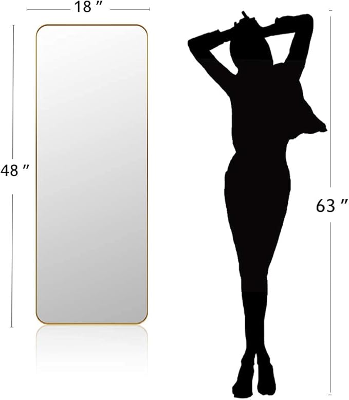 ANDY STAR 18" x 48" Full Length Wall Mirror, Large Brushed Gold Mirror for Bathroom, Rounded Corner Rectangle Body Mirror for Floor and Leaning