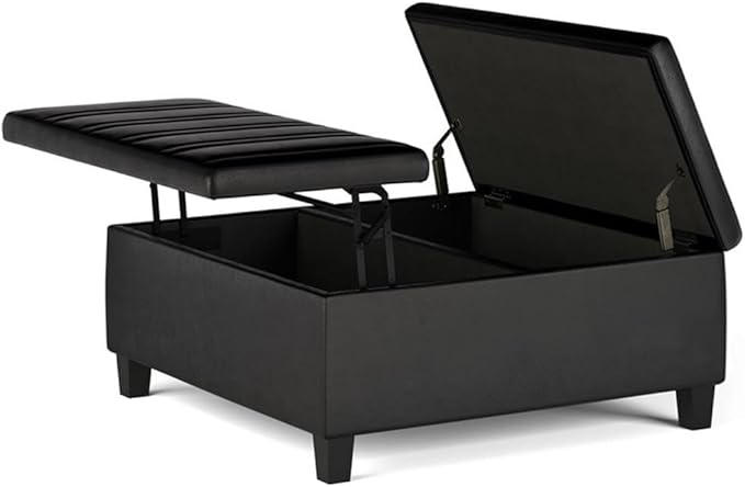SIMPLIHOME Ellis 36 inch Wide Contemporary Square Coffee Table Storage Ottoman in Distressed Black Vegan Faux Leather, Assembled, for The Living Room and Bedroom