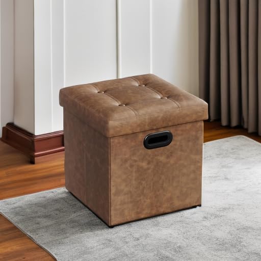 SONGMICS Mazie Collection - 15 Inches Ottoman with Storage, Footstool, Storage Ottoman with Metal Handles, Load 660 lb, for Dorm, Living Room, Bedroom, Synthetic Leather, Coffee Brown ULSF030K01
