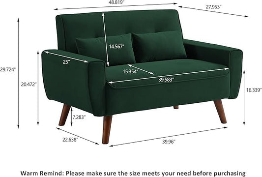 48" Small Loveseat Sofa, Mid Century Modern Love Seat Couch with Back Cushions and Plastic Legs, 2 Seater Couches for Living Room, Bedroom, Small Spaces, Green