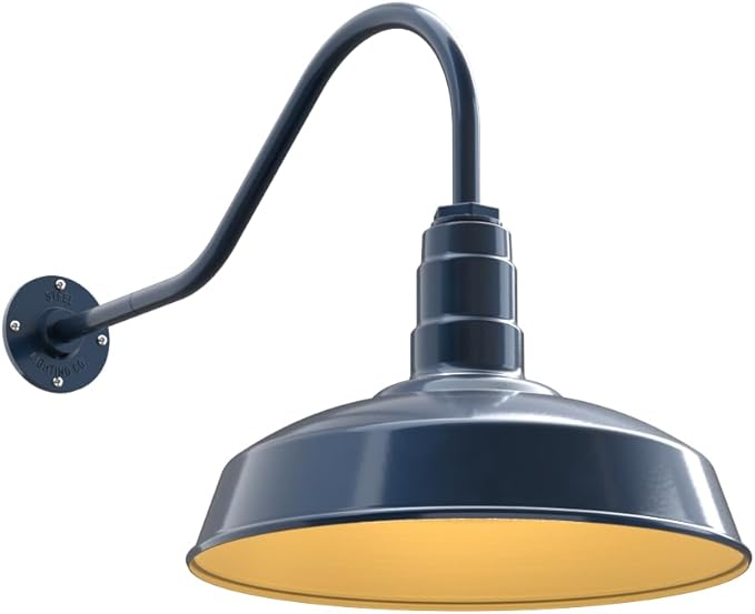 Steel Lighting Co. Gardena Barn Light | Outdoor Wall Mounted | 16" Dome | 23" Gooseneck | Farmhouse Light Made in America | Gray Blue Exterior/Brass Interior