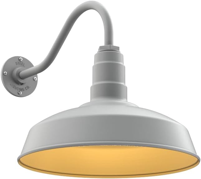 Steel Lighting Co. Gardena Barn Light | Outdoor Wall Mounted | 16" Dome | 16" Gooseneck | Farmhouse Light Made in America | Modern Gray Exterior/Brass Interior