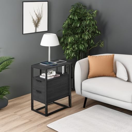 VASAGLE Side End Table with Charging Station, Slim Nightstand with 2 Drawers, Narrow Bedside Table for Living Room, Small Spaces, Charcoal Gray and Ink Black ULET321B22