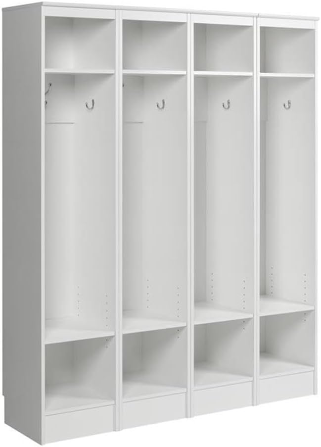 Prepac Narrow Coat Rack Freestanding Hall Tree with 3 Hooks, Entryway Furniture for Coat & Shoe Storage, Entryway Organization with Adjustable Shelf, 14.75"W x 72.5"H x 15.5"D, Set of 4, White