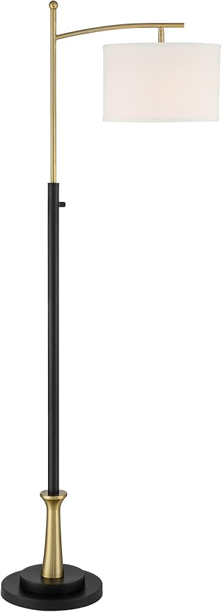 Possini Euro Design Burbank Modern Downbridge Floor Lamp 64" Tall Black Brass Gold Metal Linen Drum Shade for Living Room Reading Bedroom Home Office House