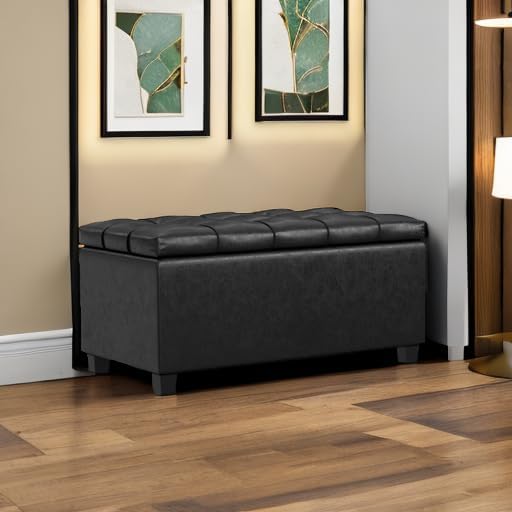 SIMPLIHOME Sienna 33 inch Wide Transitional Rectangle Storage Ottoman Bench in Distressed Black Vegan Faux Leather, Assembled, for The Living Room, Entryway and Family Room