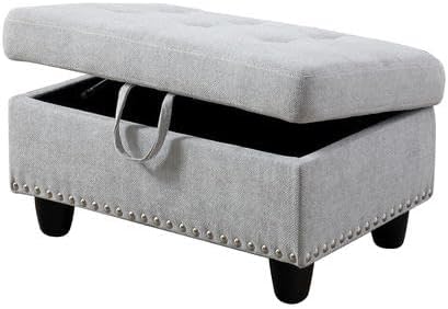 Linen Fabric Storage Ottoman with Nailhead Trim, 28.5"X19.5"X17.5" Footrest Stool, Hidden Storage Foot Stool for Living Room, Bedroom Furniture, Light Gray