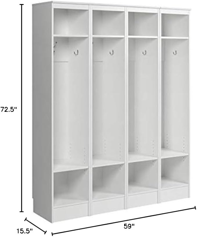Prepac Narrow Coat Rack Freestanding Hall Tree with 3 Hooks, Entryway Furniture for Coat & Shoe Storage, Entryway Organization with Adjustable Shelf, 14.75"W x 72.5"H x 15.5"D, Set of 4, White
