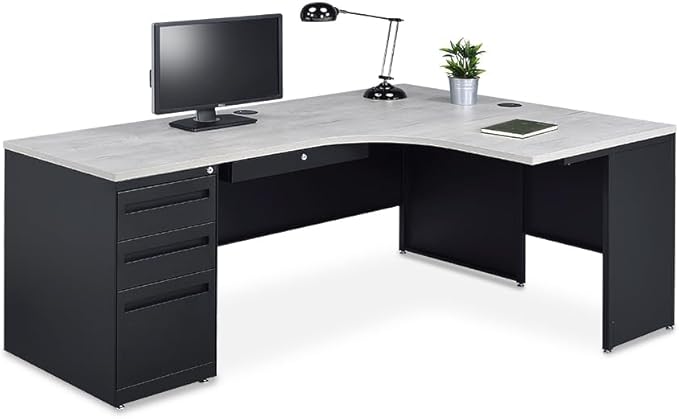 nbf signature series L Shaped Computer Desk with 3-Drawer Pedestal and Right Return Ergonomic Office Desk 72" Wx48 D Gray Wash Maple for Corner Working PC Desk