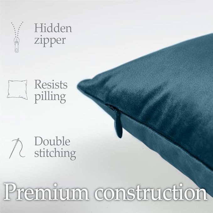 lalaLOOM Velvet Throw Pillow Covers, Set of 2, 18x18 Decorative Square Pillows Home Decor, Soft Accent Cases, Silky Machine Washable Pillowcases for Sofa, Couch, Bedroom, Living Room, Peacock