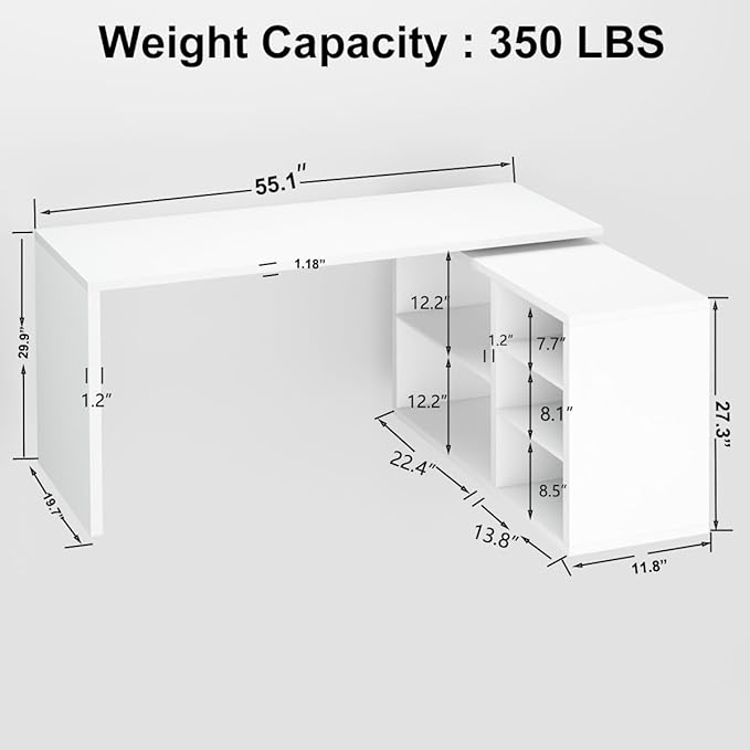 HSH White L Shaped Desk with Shelf, Reversible Modern Home Office Desk Workstation, L Shape Computer Desk with Storage Cabinet Drawer, Industrial Wood Corner Table for Work Study Writing Gaming, 55 In