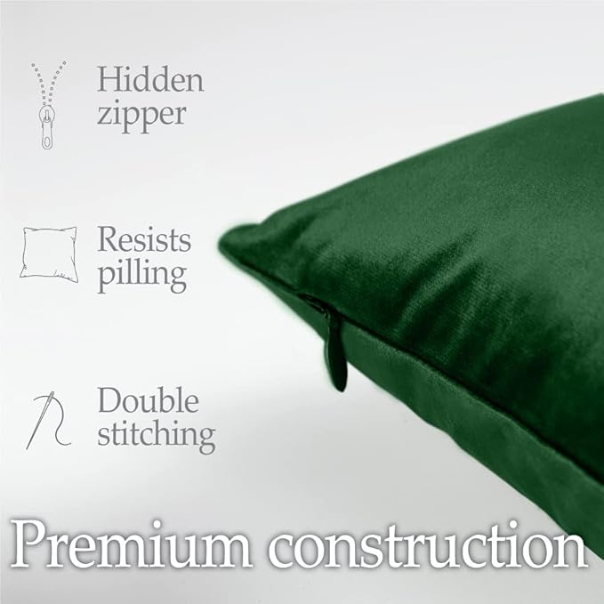 lalaLOOM Velvet Throw Pillow Covers, Set of 2, 20x20 Decorative Square Pillows Home Decor, Soft Accent Cases, Silky Machine Washable Pillowcases for Sofa, Couch, Bedroom, Living Room, Hunter Green
