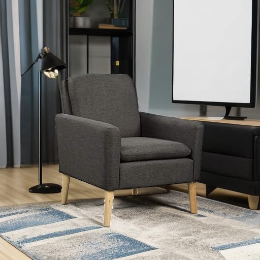 Lohoms Modern Accent Chair for Living Room, Comfy Upholstered Linen Fabric Single Sofa Chair for Bedroom, Guest Room, Office, Waiting Area, Black Armchair with Wood Legs
