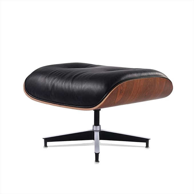 Top Black Grain Leather, Mid Century Chaise Lounge Chair and Ottoman, Leather Accent Chair, Modern Reading Chair, Classic Design, Heavy Duty Base Support for Living Room Lounge Office, Palisander