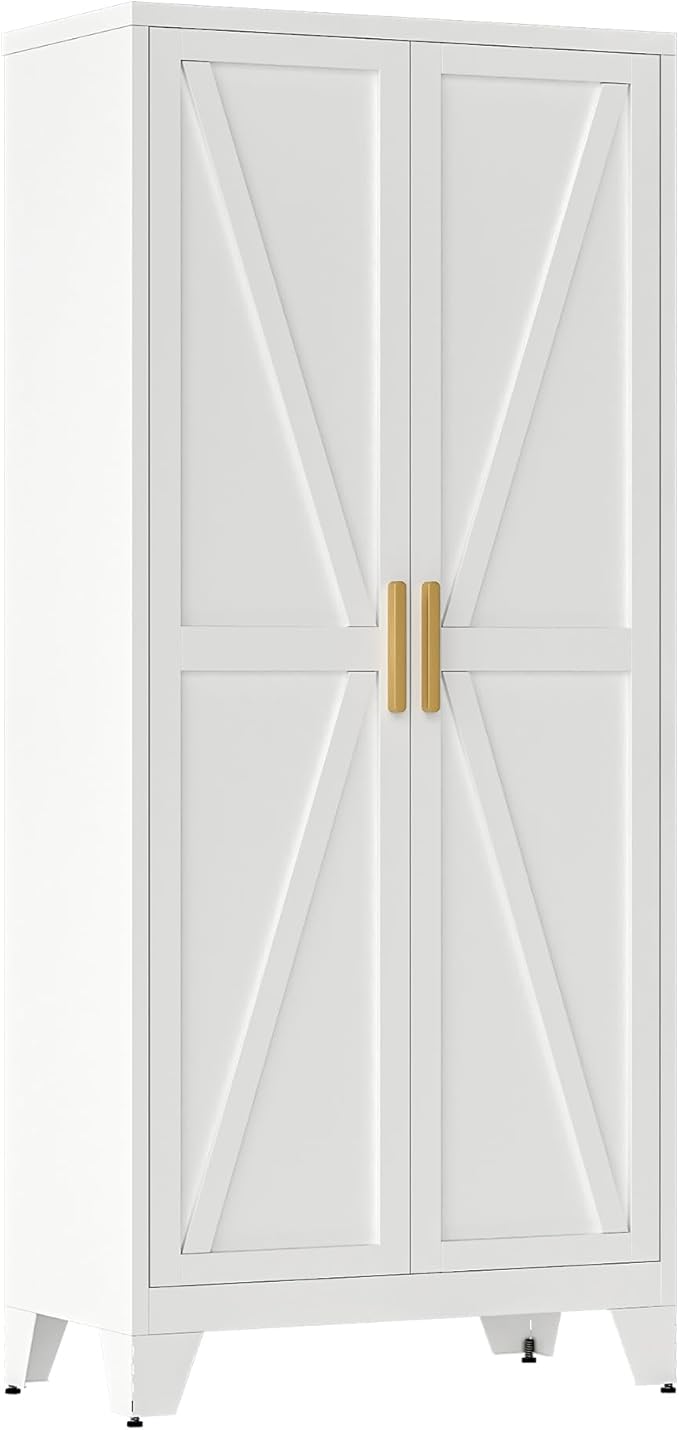 Large Metal Kitchen Pantry Storage Cabinet with Adjustable Shelves - Freestanding Kitchen Storage Cabinet for Dining Room,Livingroom Bathroom, Hallway, Workshop, Office (White, 71"- 0 drawer)