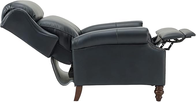 HULALA HOME Genuine Leather Recliner Chair, Traditional Manual Pushback Comfy Seating for Living Room, Thick Cushion & Solid Wood Legs, Wingback Recliner with Nailhead Trim, Navy-S2
