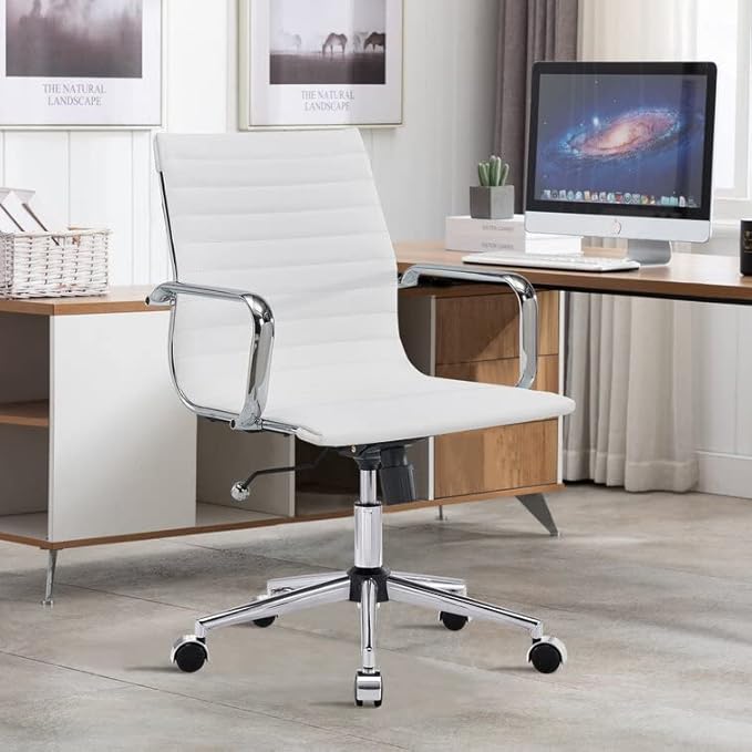 White Office Chairs Computer Conference Swivel Chair with Wheels and Arms Leather Home Office Desk Chair Mid Back Adjustable Chairs for Girls…