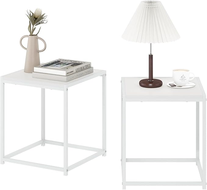 Furinno CAMNUS Side Table Set of 2, Metal Frame End Table, Night Stand, Bedside Table, for Living Room, Bedroom, Solid White