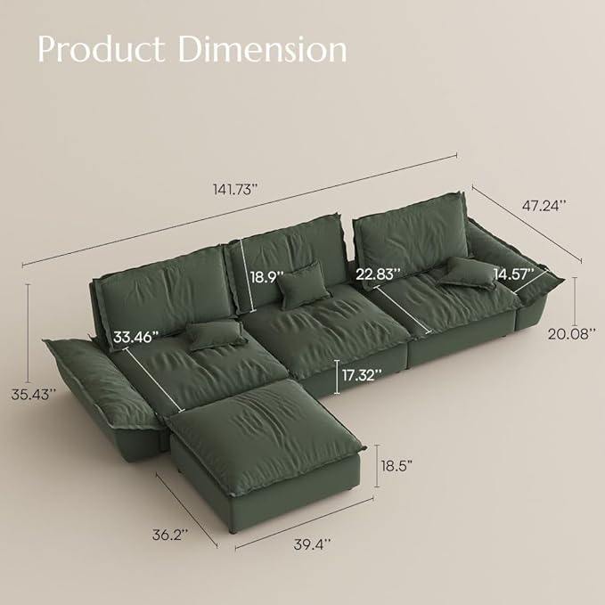 POVISON Oversized Modular Sectional Sailboat Sofa for Living Room with Adjustable Backrest Sectional Couches Large Deep Sofa Set 3 Seats Big with Ottoman Comfy Cloud Couch for House Office