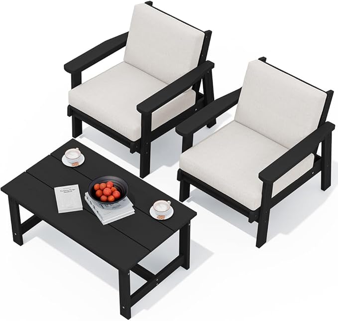 SERWALL HDPE Outdoor Couch, Black Frame and Khaki Cushion