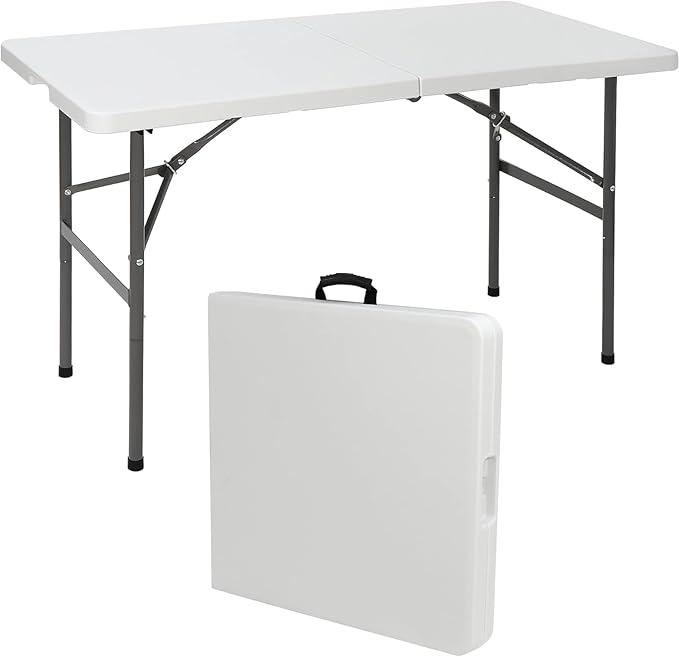 SIMPLI-MAGIC 4ft Plastic Folding Table, Indoor Outdoor Heavy Duty Portable/Handle, Lock for Picnic, Party, Camping - White