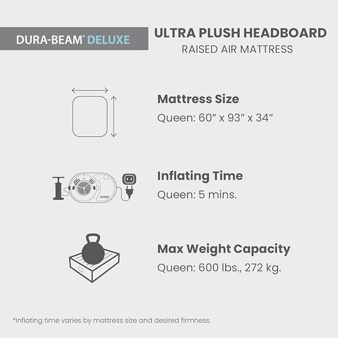 Intex 64449ED Dura-Beam Deluxe Plush Air Mattress with Headboard: Fiber-Tech - Queen Size - Built-in Electric Pump - 18in Bed Height - 600lb Weight Capacity