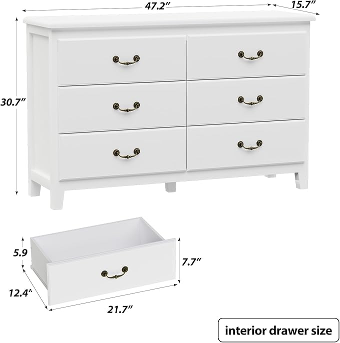 White Dresser, Modern 6 Drawer Double Dresser for Bedroom Adults & Kids with Vintage Gold Handles, Wide Dressers & Chests of Drawers, 6 Drawer Dressers for Hallway, Antique White