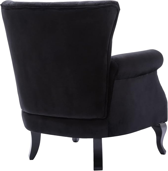 Mid Century Modern Accent Chair Upholstered Armchair Comfy Velvet Fabric Single Sofa with Tufted Wingback for Small Spaces Bedroom Living Room, Black