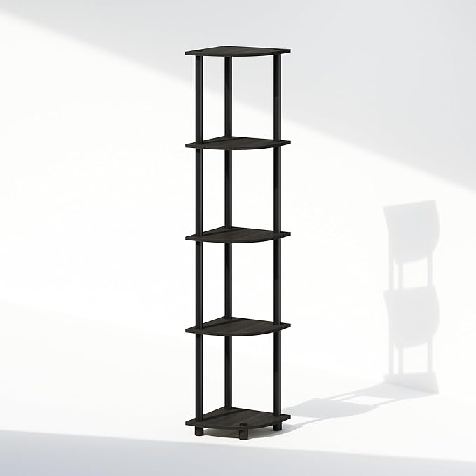 Furinno Turn-N-Tube Corner Shelf, 5-Tier Corner Bookshelf, Open Storage Shelves, for Organization and Storage, Living Room, Home Office, Garage, Bedroom, Espresso
