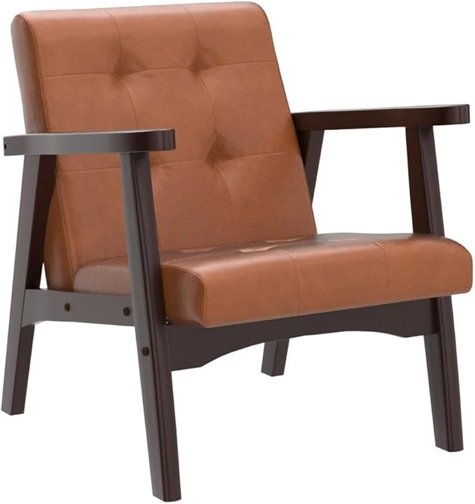 Bonzy Home Mid Century Modern Accent Chair for Living Room, Upholstered Faux Leather Armchair Comfy Retro Bedroom Side Chair with Solid Wood Frame, Orange