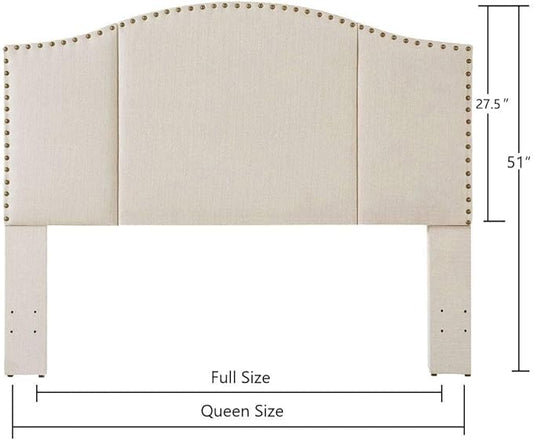 24KF Middle Century Linen Upholstered Tufted Queen Size Headboard with Antique Brass Nails Queen/Full headboard -Ivory