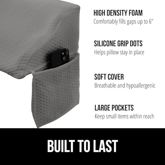 GORILLA GRIP Patent Pending Queen Bed Wedge Pillow Headboard Gap Filler, US Designed, Comfortable Supportive High Density Foam Pillows, Stay in Place Gripping Dots, Wedges Between Mattress, Soft Gray