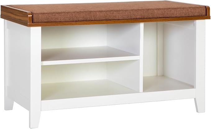 MFSTUDIO Shoe Storage Bench, White Shoe Entryway Bench with Seating Padded Cushion, Freestanding Shoe Rack Organizer for Entryway Hallway Living Room Bedroom, Brown Cushion