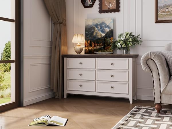 Dresser for Bedroom 6 Drawers Dresser - 47.2" Wide 6 Chest of Drawers Storage Double Cabinet as Bedfoot Organizer & Wardrobe Cabinet(Antique White & Brown)