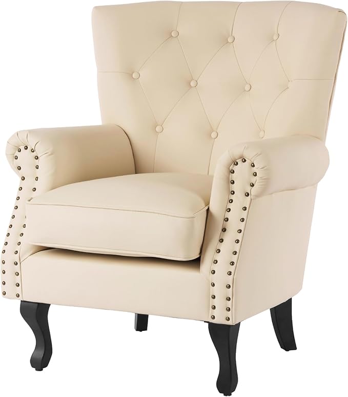 Modern Faux Leather Accent Chair, Upholstered Mid-Century Armchair with Solid Wood Legs, Single Sofa Chair for Living Room, Bedroom, or Reading Room(Ivory White)