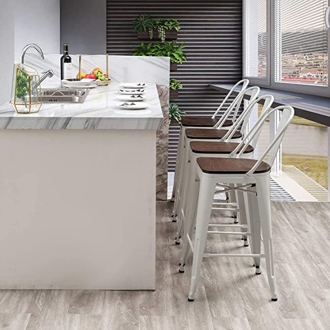 Aklaus Swivel Metal Bar Stools with Backs Counter Stools Set of 4 Counter Height Stools High Back Bar Chairs 24 Inch Barstools Farmhouse White Cream