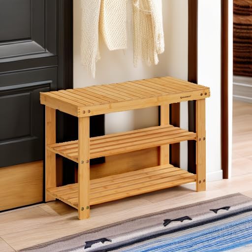 SONGMICS Shoe Rack Bench, 3-Tier Bamboo Shoe Storage Organizer, Entryway Bench, Holds Up to 286 lb, 11.3 x 27.6 x 17.8 Inches, for Entryway Bathroom Bedroom, Natural ULBS04N