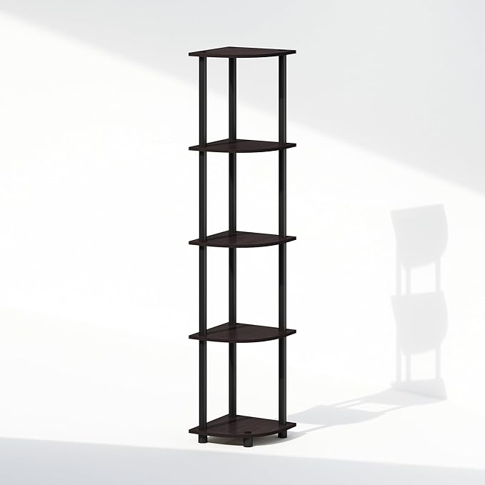 Furinno Turn-N-Tube Corner Shelf, 5-Tier Corner Display Rack, Shelving Unit, for Organization and Storage, Living Room, Home Office, Garage, Bedroom, Dark Walnut