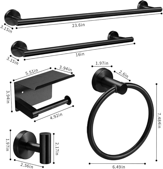 Matte Black 8-Piece Bathroom Hardware Set Stainless Steel, 24in and 16in Towel Bars Set Wall Mounted Bathroom Accessories