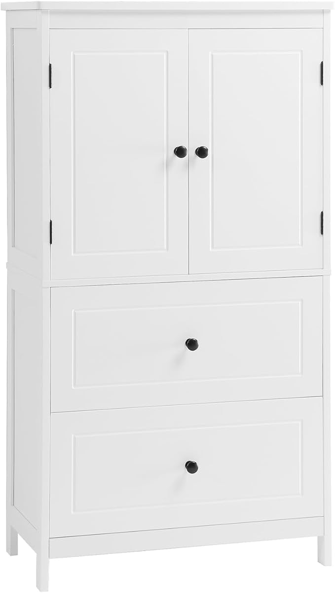 Polibi 43.3" H Storage Cabinet with 2 Doors, 2 Drawers, Adjustable Shelf, Wooden Linen Cabinet for Bathroom, Office, Kitchen, White