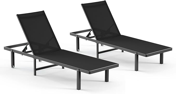 Pool Lounge Chairs Set of 2,Outdoor Lounge Chairs with Wheels and 5-Position Recliner -Easy to Move- Aluminum Patio Lounge Chair for Poolside, Deck (Black)