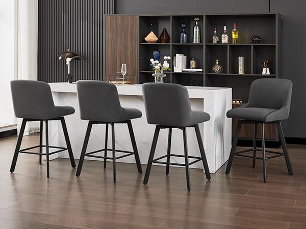 Swivel Counter Height Bar Stools Set of 4, 26''H Upholstered Barstools with Backs, Modern Bar Stool Chairs for Kitchen Island, Metal Legs, Fabric, Black Grey Stools Counter Chair